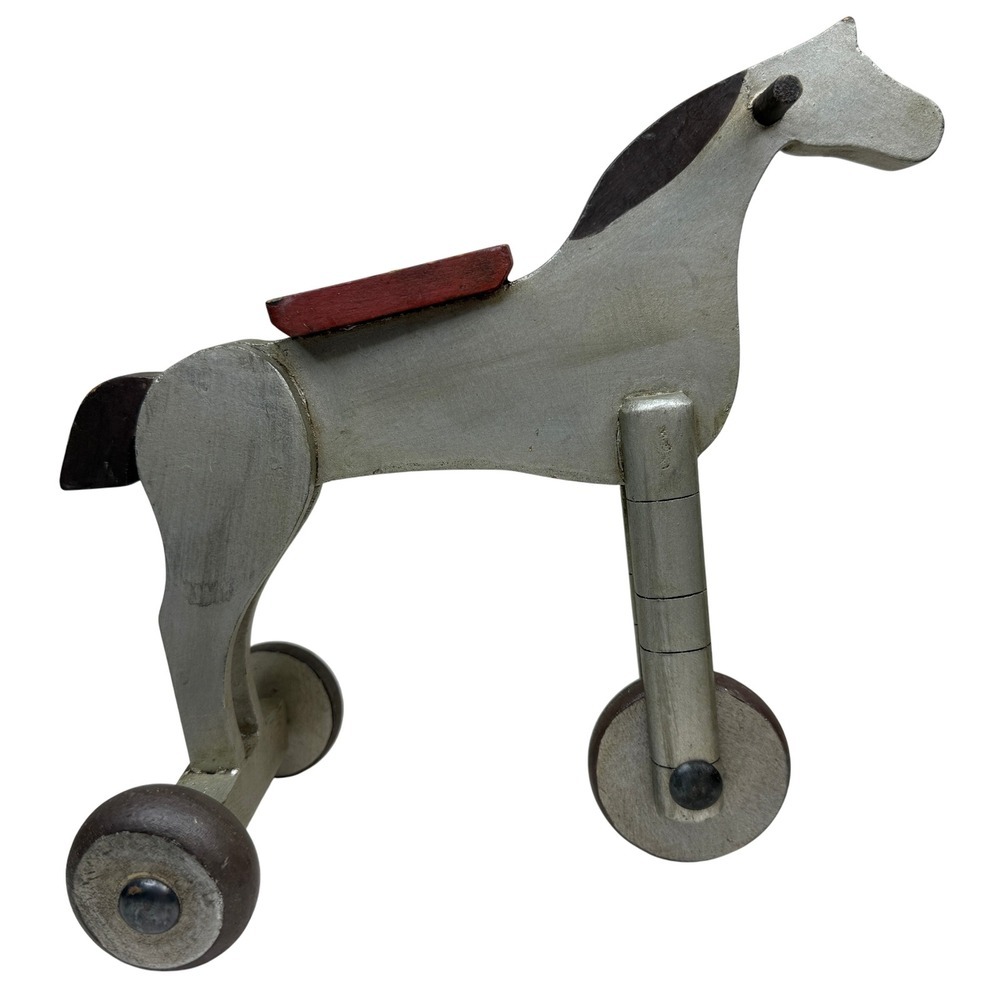 Antique Childrens Wooden Horse Toy Pull Rustic Tricycle Wheels Home Decor 10 in